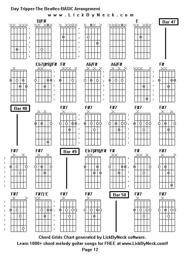 Chord Grids Chart of chord melody fingerstyle guitar song-Day Tripper-The Beatles-BASIC Arrangement,generated by LickByNeck software.